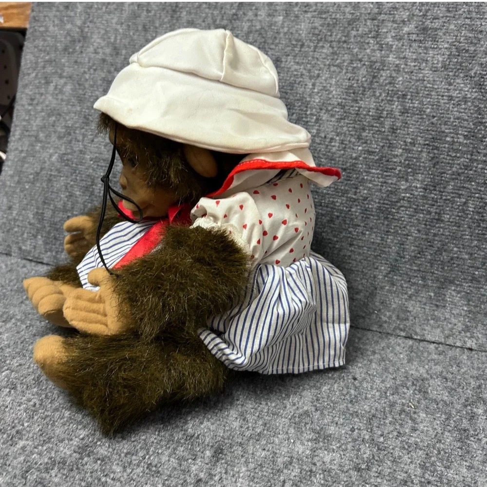 Vintage Plush Monkey Doll Brown Faux Fur White Hat Heart Blue Striped Outfit
